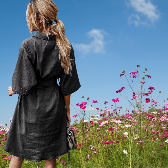 Black Denim Tie Waist Button Down V Neck Dress - Picture 2 of 10